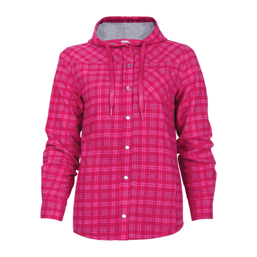 pink raspberry lined plaid flannel hooded women's shirt