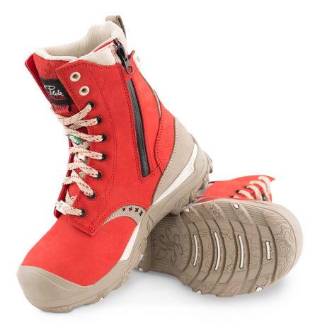 red waterproof laced work boots with zipper